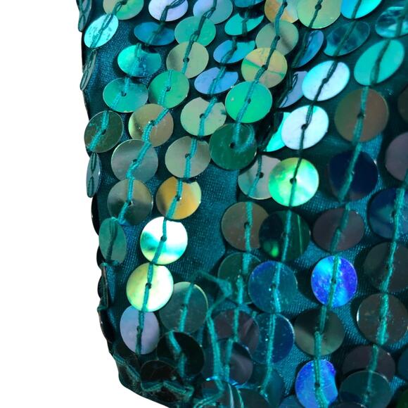 Vintage 90s Teal Sequin Mini Dress Concert Party Cocktail Sleeveless Mermaid - Picture 11 of 13